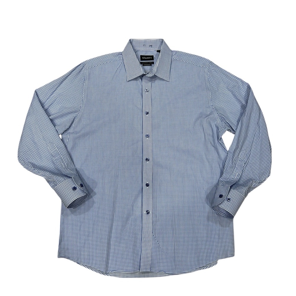 STANTT Men's Blue Grid Check Business Casual Shirt Astor 17.25 Collar 46” Chest